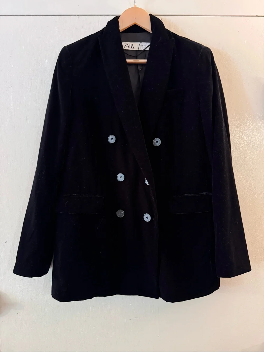 Zara Double-Breasted Velvet Blazer Black Sz Small